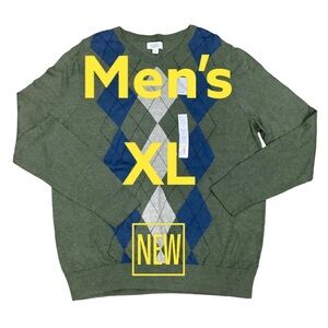 Men’s Croft & Barrow XL 46 - 48 V-Neck Sweater Argyle Olive Green Blue Gray NWT